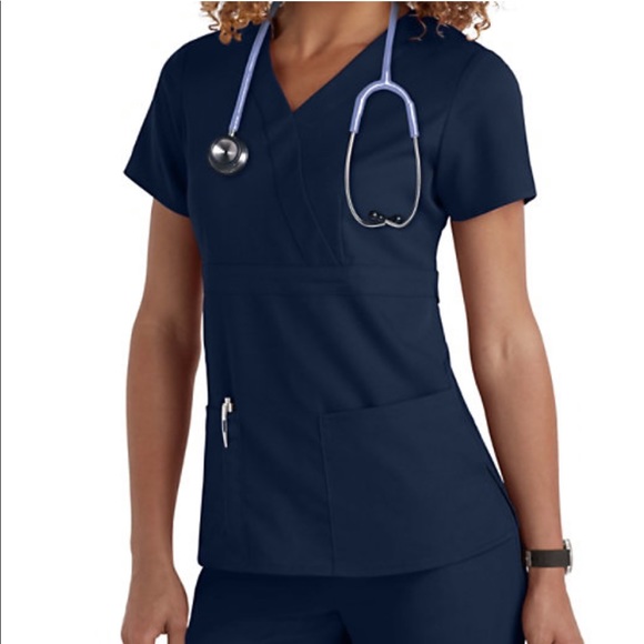 Grey's Anatomy Tops - Grey's Anatomy 3 Pocket Mock Wrap Navy Scrub Top